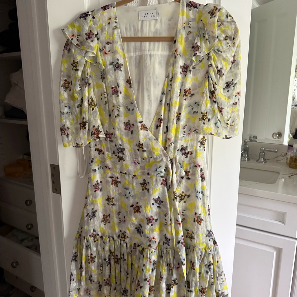 Tanya Taylor White Floral Wrap Mini Dress With Yellow Accents